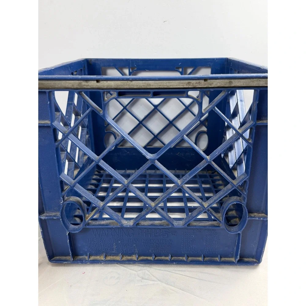 Vintage Flavor-Rich Blue Plastic Milk Crate Metal Rim Industrial Storage 11 77